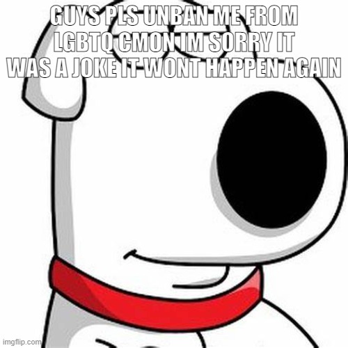 Brian Griffin Smug | GUYS PLS UNBAN ME FROM LGBTQ CMON IM SORRY IT WAS A JOKE IT WONT HAPPEN AGAIN | image tagged in brian griffin smug | made w/ Imgflip meme maker