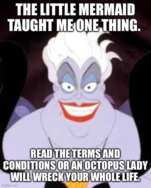 Important Disney Lesson | THE LITTLE MERMAID TAUGHT ME ONE THING. READ THE TERMS AND CONDITIONS OR AN OCTOPUS LADY WILL WRECK YOUR WHOLE LIFE. | image tagged in disney | made w/ Imgflip meme maker