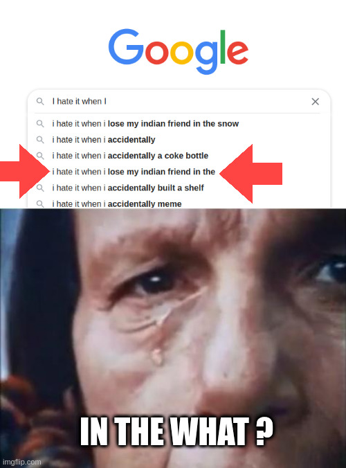 I hate it when I lost my indian firend |  IN THE WHAT ? | image tagged in i hate it when,friends,tears | made w/ Imgflip meme maker