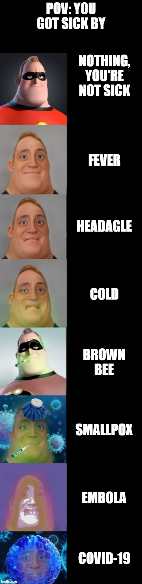 mr incredible becoming sick POV: you got sick by ___ | POV: YOU GOT SICK BY; NOTHING, YOU'RE NOT SICK; FEVER; HEADAGLE; COLD; BROWN BEE; SMALLPOX; EMBOLA; COVID-19 | image tagged in mr incredible becoming sick fixed textboxes | made w/ Imgflip meme maker