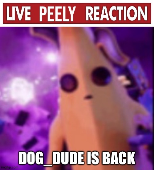 Live Peely reaction | DOG_DUDE IS BACK | image tagged in live peely reaction | made w/ Imgflip meme maker