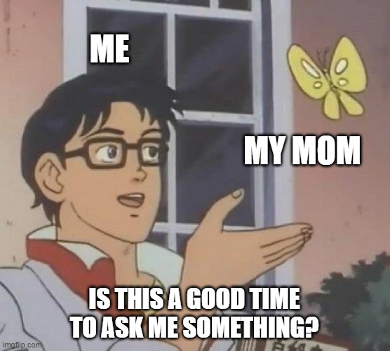 is this the time? |  ME; MY MOM; IS THIS A GOOD TIME
TO ASK ME SOMETHING? | image tagged in memes,is this a pigeon | made w/ Imgflip meme maker