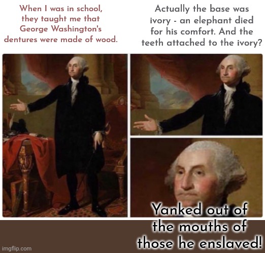 Some people claim his "greatness" makes the slavery forgivable. | When I was in school, they taught me that George Washington's dentures were made of wood. Actually the base was ivory - an elephant died for his comfort. And the teeth attached to the ivory? Yanked out of the mouths of those he enslaved! | image tagged in george washington,history,brutal,human rights,american horror story | made w/ Imgflip meme maker