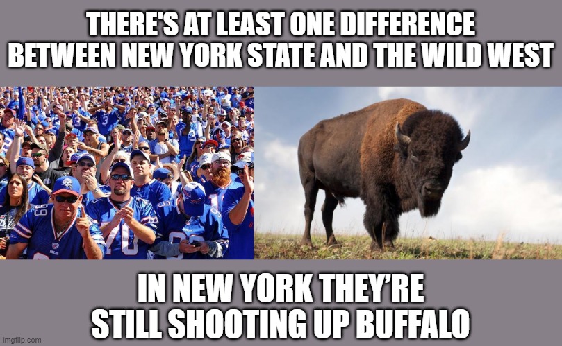 Kill Zone | THERE'S AT LEAST ONE DIFFERENCE BETWEEN NEW YORK STATE AND THE WILD WEST; IN NEW YORK THEY’RE STILL SHOOTING UP BUFFALO | image tagged in buffalo bills fans,buffalo | made w/ Imgflip meme maker
