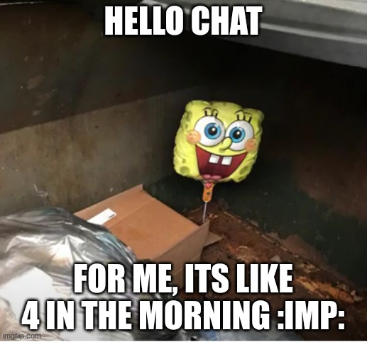 spunch bop baloon in dumpster | HELLO CHAT; FOR ME, ITS LIKE 4 IN THE MORNING :IMP: | image tagged in spunch bop baloon in dumpster | made w/ Imgflip meme maker
