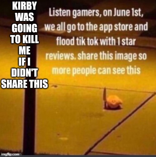 Flood Tiktok on June 1st | KIRBY WAS GOING TO KILL ME IF I DIDN'T SHARE THIS | image tagged in flood tiktok on june 1st | made w/ Imgflip meme maker