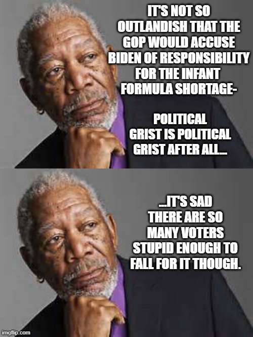 IT'S NOT SO OUTLANDISH THAT THE GOP WOULD ACCUSE BIDEN OF RESPONSIBILITY FOR THE INFANT 
FORMULA SHORTAGE-; POLITICAL GRIST IS POLITICAL GRIST AFTER ALL... ...IT'S SAD THERE ARE SO MANY VOTERS STUPID ENOUGH TO FALL FOR IT THOUGH. | image tagged in deep thoughts by morgan freeman | made w/ Imgflip meme maker