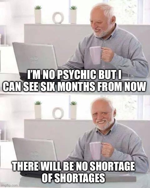 The biggest shortage will be the value of your money because of inflation. | I’M NO PSYCHIC BUT I CAN SEE SIX MONTHS FROM NOW; THERE WILL BE NO SHORTAGE 
OF SHORTAGES | image tagged in hide the pain harold,shortages | made w/ Imgflip meme maker