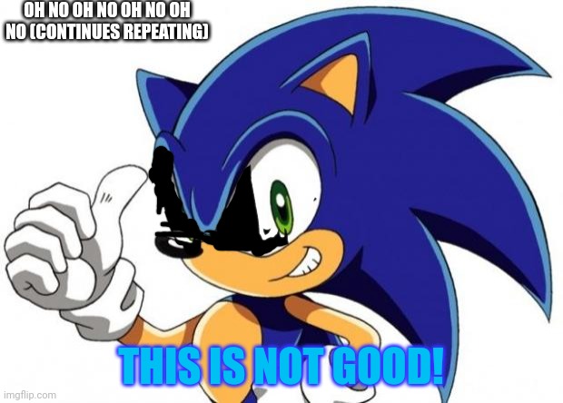Oh no oh no oh no | OH NO OH NO OH NO OH NO (CONTINUES REPEATING); THIS IS NOT GOOD! | image tagged in sonic the hedgehog approves,sonicexe,oh no,666,holy music stops,you have been eternally cursed for reading the tags | made w/ Imgflip meme maker