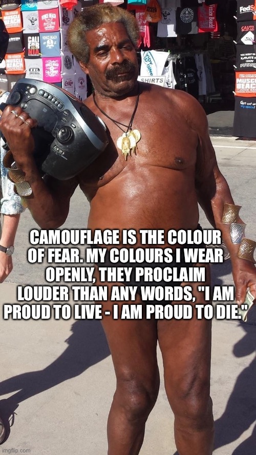 Street Camo | CAMOUFLAGE IS THE COLOUR OF FEAR. MY COLOURS I WEAR OPENLY, THEY PROCLAIM LOUDER THAN ANY WORDS, "I AM PROUD TO LIVE - I AM PROUD TO DIE." | image tagged in proud,camouflage,outchea,memes,big girl panties,doo wop | made w/ Imgflip meme maker