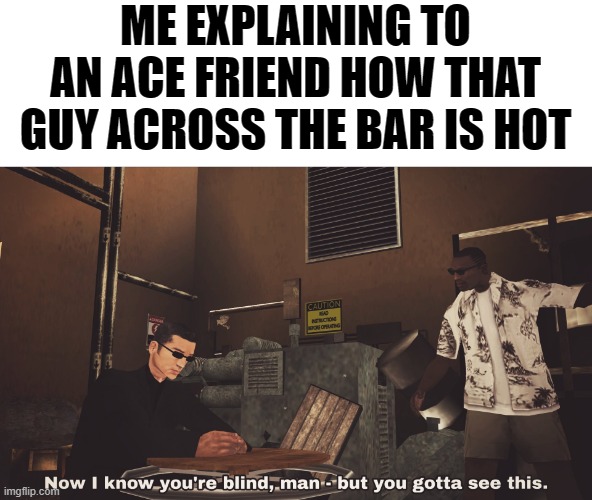 ME EXPLAINING TO AN ACE FRIEND HOW THAT GUY ACROSS THE BAR IS HOT | image tagged in memes,funny,gta,gta san andreas,blind,ace | made w/ Imgflip meme maker