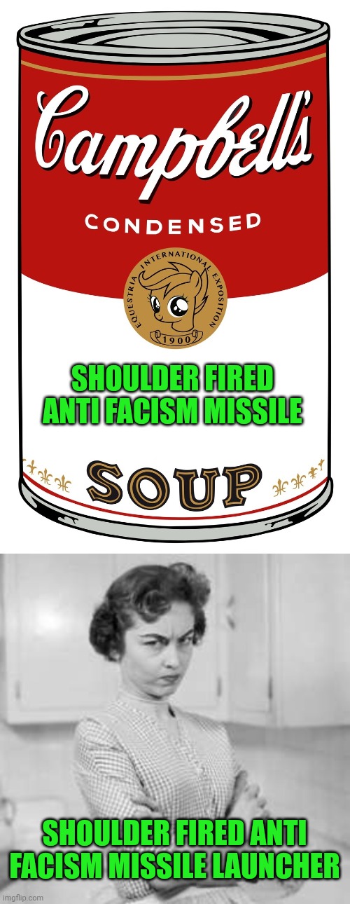 SHOULDER FIRED
ANTI FACISM MISSILE; SHOULDER FIRED ANTI FACISM MISSILE LAUNCHER | image tagged in blank campbell's soup can,retro angry mom | made w/ Imgflip meme maker