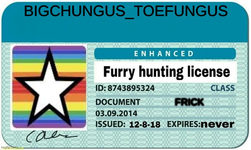 furry hunting license | BIGCHUNGUS_TOEFUNGUS; FRICK | image tagged in furry hunting license | made w/ Imgflip meme maker