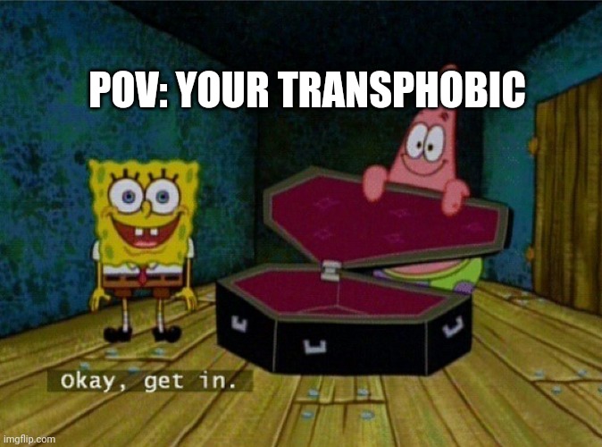 pls | POV: YOUR TRANSPHOBIC | image tagged in spongebob coffin | made w/ Imgflip meme maker
