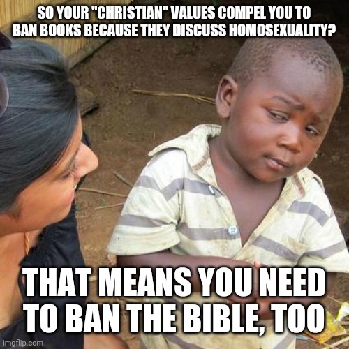 Third World Skeptical Kid |  SO YOUR "CHRISTIAN" VALUES COMPEL YOU TO BAN BOOKS BECAUSE THEY DISCUSS HOMOSEXUALITY? THAT MEANS YOU NEED TO BAN THE BIBLE, TOO | image tagged in memes,third world skeptical kid | made w/ Imgflip meme maker