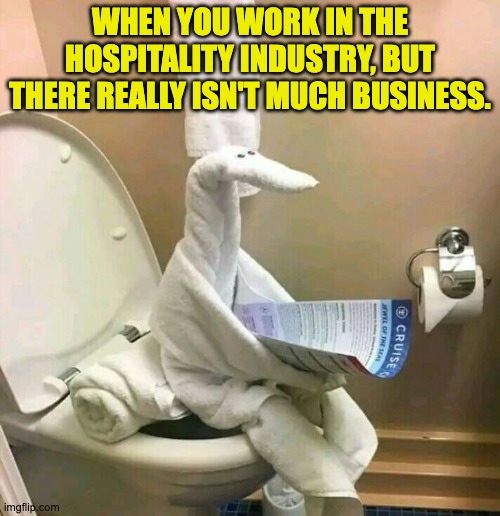 hospitality | WHEN YOU WORK IN THE HOSPITALITY INDUSTRY, BUT THERE REALLY ISN'T MUCH BUSINESS. | image tagged in economy | made w/ Imgflip meme maker