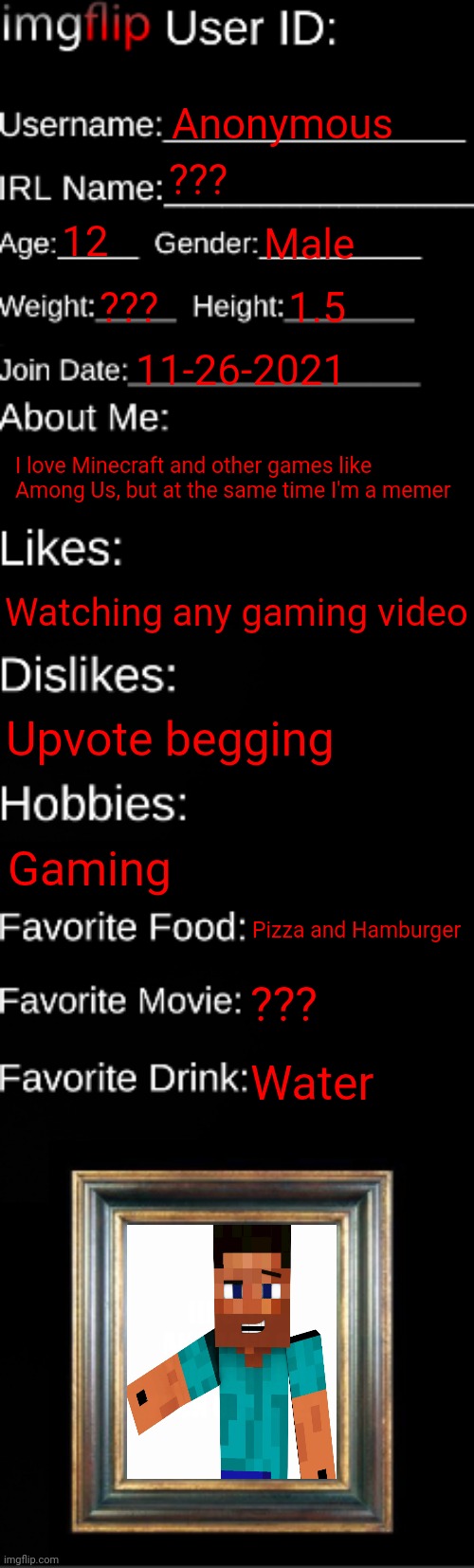 The gamer | Anonymous; ??? 12; Male; ??? 1.5; 11-26-2021; I love Minecraft and other games like Among Us, but at the same time I'm a memer; Watching any gaming video; Upvote begging; Gaming; Pizza and Hamburger; ??? Water | image tagged in imgflip id card,gaming,memes | made w/ Imgflip meme maker