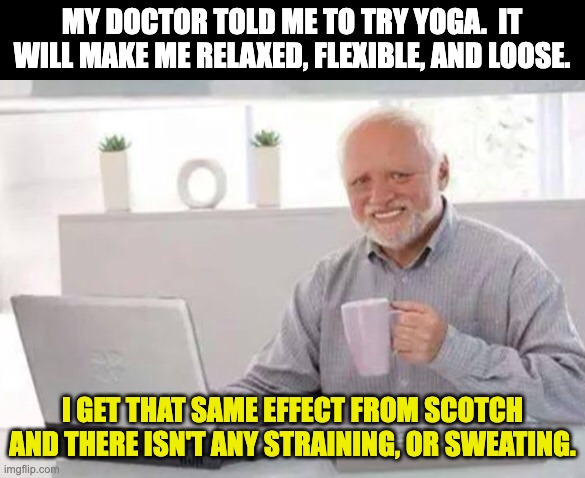 Yoga | MY DOCTOR TOLD ME TO TRY YOGA.  IT WILL MAKE ME RELAXED, FLEXIBLE, AND LOOSE. I GET THAT SAME EFFECT FROM SCOTCH AND THERE ISN'T ANY STRAINING, OR SWEATING. | image tagged in harold | made w/ Imgflip meme maker
