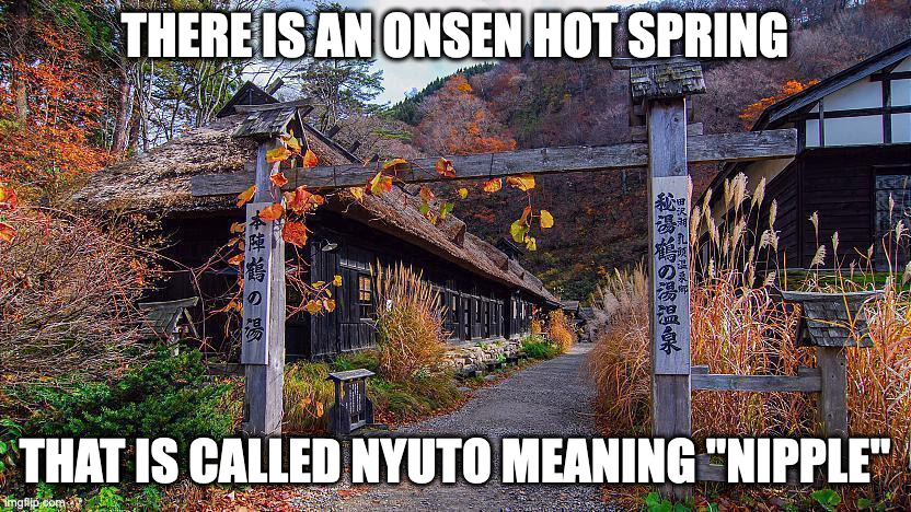 Nyuto Onsen | THERE IS AN ONSEN HOT SPRING; THAT IS CALLED NYUTO MEANING "NIPPLE" | image tagged in hot spring,memes | made w/ Imgflip meme maker