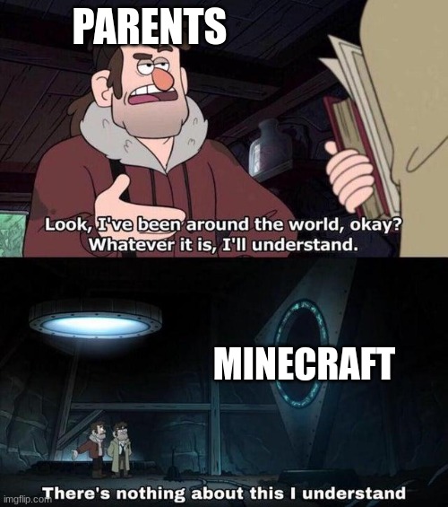 (My First Of Many Memes on This Template) Parents VS. Minecraft | PARENTS; MINECRAFT | image tagged in gravity falls understanding,parents,minecraft | made w/ Imgflip meme maker