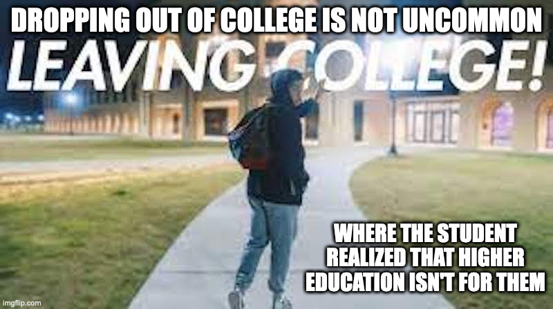 College Dropout | DROPPING OUT OF COLLEGE IS NOT UNCOMMON; WHERE THE STUDENT REALIZED THAT HIGHER EDUCATION ISN'T FOR THEM | image tagged in college,dropout,memes | made w/ Imgflip meme maker