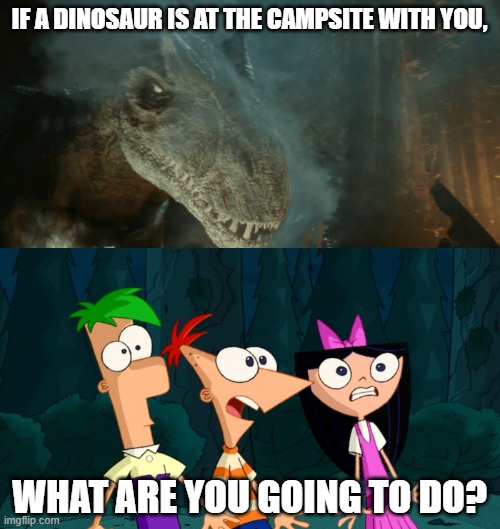 Phineas, Ferb, and Isabella Meet Allosaurus | IF A DINOSAUR IS AT THE CAMPSITE WITH YOU, WHAT ARE YOU GOING TO DO? | image tagged in jurassic world,jurassic park,dinosaurs,camping,phineas and ferb | made w/ Imgflip meme maker