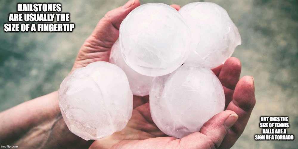 Hailstones | HAILSTONES ARE USUALLY THE SIZE OF A FINGERTIP; BUT ONES THE SIZE OF TENNIS BALLS ARE A SIGN OF A TORNADO | image tagged in hailstone,weather,memes | made w/ Imgflip meme maker