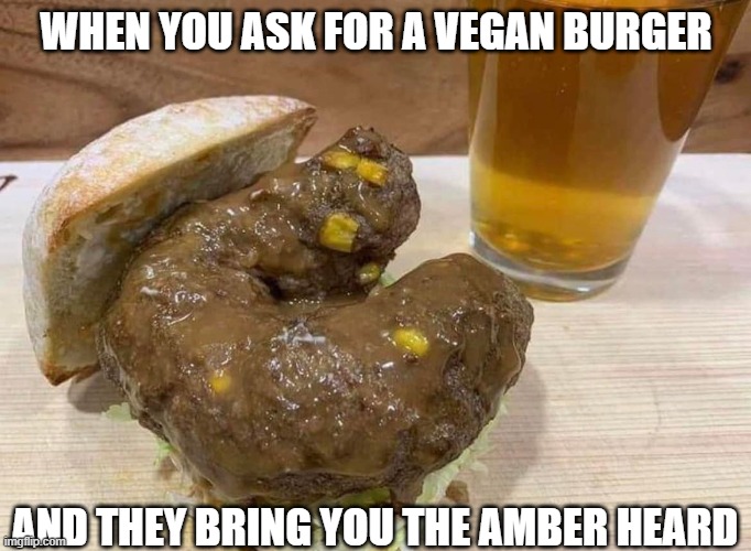 Amber Heard Vegan Burger | WHEN YOU ASK FOR A VEGAN BURGER; AND THEY BRING YOU THE AMBER HEARD | image tagged in vegan,burger,amber,heard | made w/ Imgflip meme maker