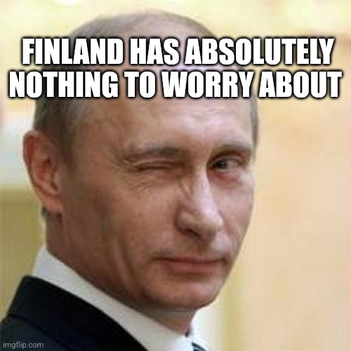 Putin Winking |  FINLAND HAS ABSOLUTELY NOTHING TO WORRY ABOUT | image tagged in putin winking,finland,russia,world war 3,ukraine | made w/ Imgflip meme maker