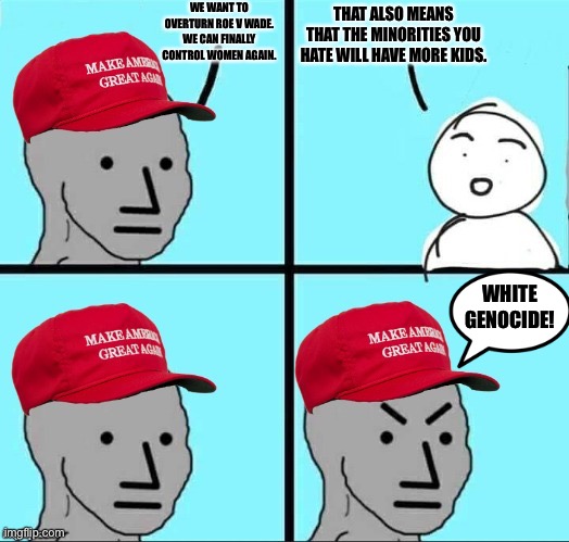 They love Tr*mp, who is a Nazi. | WE WANT TO OVERTURN ROE V WADE. WE CAN FINALLY CONTROL WOMEN AGAIN. THAT ALSO MEANS THAT THE MINORITIES YOU HATE WILL HAVE MORE KIDS. WHITE GENOCIDE! | made w/ Imgflip meme maker