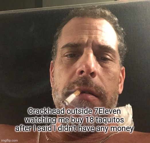 Can you spare some change, mister? | Crackhead outside 7Eleven watching me buy 18 taquitos after I said I didn't have any money | image tagged in hunter biden,crackhead,outside,7eleven,its time to stop | made w/ Imgflip meme maker