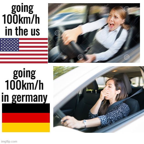 American roads VS german roads. | going 100km/h  in the us; going 100km/h in germany | image tagged in memes,blank transparent square,funny,car,germany,usa | made w/ Imgflip meme maker