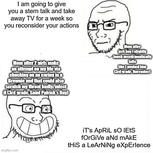The girls tried to kill me, yet they received no punishment because of "forgiveness" which didn't apply for an earlier situation | I am going to give you a stern talk and take away TV for a week so you reconsider your actions; Mom after jerk boy I slightly touch overdramatically falls like I pushed him (3rd grade, November); Mom after 2 girls make an attempt on my life via chocking on an earing in a Brownie and that could also scratch my throat badly/infect it (3rd grade, Saint Patrick's Day); iT's ApRiL sO lEtS fOrGiVe aNd mAkE tHiS a LeArNiNg eXpErIence | image tagged in wojack smile | made w/ Imgflip meme maker