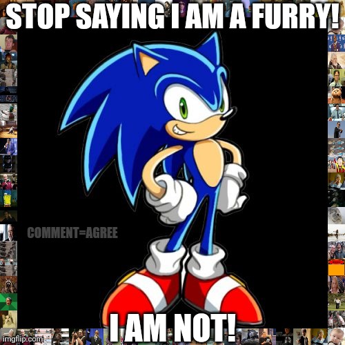 Sonic is not a furry, guys. | STOP SAYING I AM A FURRY! COMMENT=AGREE; I AM NOT! | image tagged in memes,you're too slow sonic,furry hunting license,liars,tyrannosaurus rekt,depression sonic | made w/ Imgflip meme maker