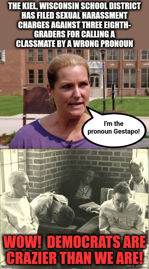 The democrat party needs to go into the trash can of history.  They have nothing to offer except craziness! | THE KIEL, WISCONSIN SCHOOL DISTRICT
HAS FILED SEXUAL HARASSMENT
CHARGES AGAINST THREE EIGHTH-
GRADERS FOR CALLING A
CLASSMATE BY A WRONG PRONOUN; I'm the pronoun Gestapo! WOW!  DEMOCRATS ARE
CRAZIER THAN WE ARE! | image tagged in memes,democrats,pronouns,middle school,kiel wisconsin,sexual harassment | made w/ Imgflip meme maker