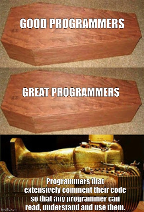 GREAT PROGRAMMERS | GOOD PROGRAMMERS; GREAT PROGRAMMERS; Programmers that extensively comment their code so that any programmer can read, understand and use them. | image tagged in golden coffin meme | made w/ Imgflip meme maker