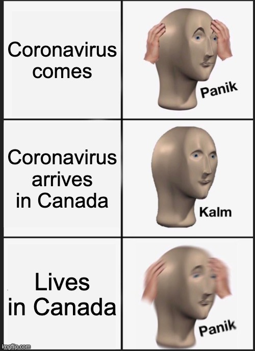 When covid came | Coronavirus comes; Coronavirus arrives in Canada; Lives in Canada | image tagged in memes,panik kalm panik,covid-19,funny memes,funny | made w/ Imgflip meme maker