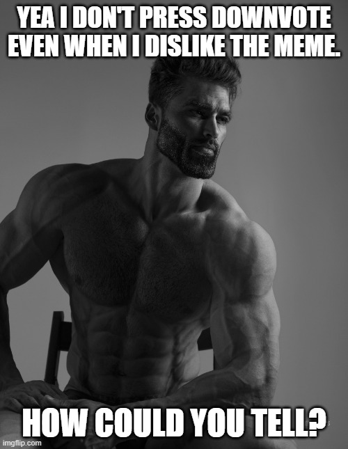 A True Chad | YEA I DON'T PRESS DOWNVOTE EVEN WHEN I DISLIKE THE MEME. HOW COULD YOU TELL? | image tagged in giga chad | made w/ Imgflip meme maker