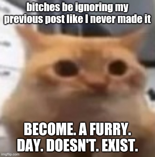 spoingus | bitches be ignoring my previous post like I never made it; BECOME. A FURRY. DAY. DOESN'T. EXIST. | image tagged in spoingus | made w/ Imgflip meme maker