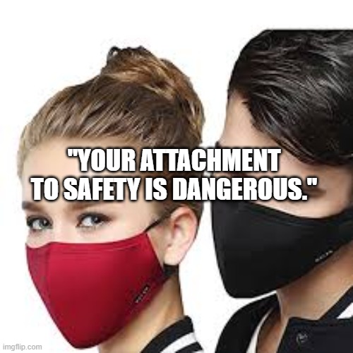 Mask Couple | "YOUR ATTACHMENT TO SAFETY IS DANGEROUS." | image tagged in mask couple | made w/ Imgflip meme maker