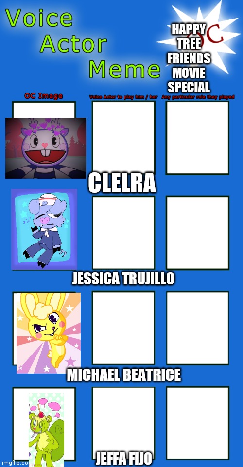 Voice actor meme | HAPPY TREE FRIENDS MOVIE SPECIAL; CLELRA; JESSICA TRUJILLO; MICHAEL BEATRICE; JEFFA FIJO | image tagged in voice actor meme | made w/ Imgflip meme maker