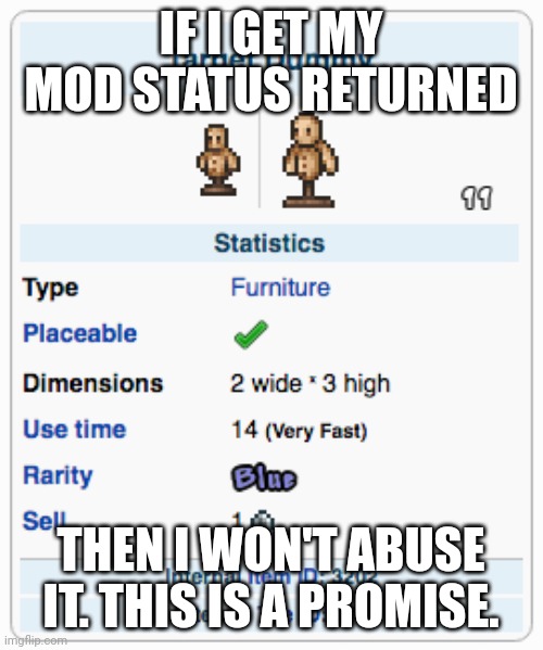 drizz, it won't happen again | IF I GET MY MOD STATUS RETURNED; THEN I WON'T ABUSE IT. THIS IS A PROMISE. | image tagged in terraria training dummy | made w/ Imgflip meme maker