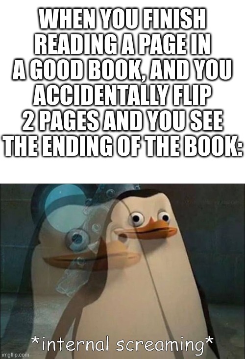 This literally just happened to me | WHEN YOU FINISH READING A PAGE IN A GOOD BOOK, AND YOU
ACCIDENTALLY FLIP 2 PAGES AND YOU SEE THE ENDING OF THE BOOK: | image tagged in blank white template,private internal screaming,funny,fun | made w/ Imgflip meme maker