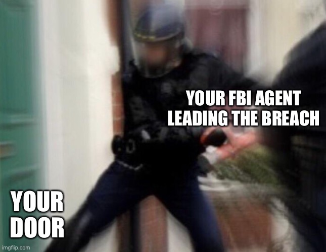 When they see your memes | YOUR FBI AGENT LEADING THE BREACH; YOUR DOOR | image tagged in fbi door breach,memes,not funny,funny not funny | made w/ Imgflip meme maker