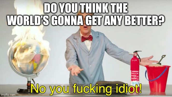 No you f*cking idiot! | DO YOU THINK THE WORLD’S GONNA GET ANY BETTER? | image tagged in no you f cking idiot | made w/ Imgflip meme maker