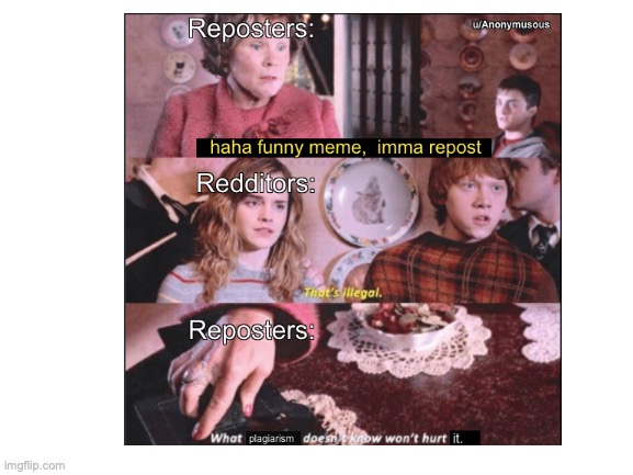 Day 7 of reposting outdated memes | image tagged in repost,outdated,harry potter,reddit,dolores umbridge | made w/ Imgflip meme maker