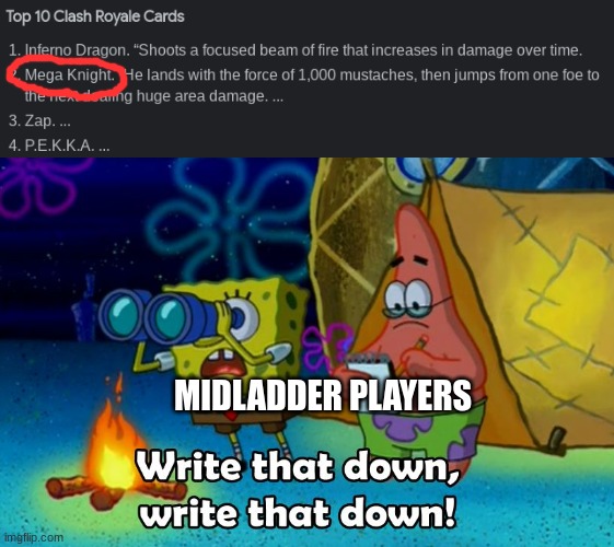 tbh all cards are situational so theres no "best card" | MIDLADDER PLAYERS | image tagged in write that down,memes,spongebob,clash royale | made w/ Imgflip meme maker
