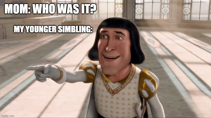 It's always my fault | MOM: WHO WAS IT? MY YOUNGER SIMBLING: | image tagged in farquaad pointing | made w/ Imgflip meme maker