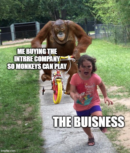 Orangutan chasing girl on a tricycle | ME BUYING THE INTRRE COMPANY SO MONKEYS CAN PLAY THE BUISNESS | image tagged in orangutan chasing girl on a tricycle | made w/ Imgflip meme maker