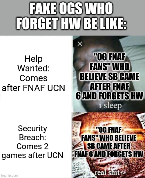 Sleeping Shaq Meme |  FAKE OGS WHO FORGET HW BE LIKE:; Help Wanted: Comes after FNAF UCN; "OG FNAF FANS" WHO BELIEVE SB CAME AFTER FNAF 6 AND FORGETS HW; "OG FNAF FANS" WHO BELIEVE SB CAME AFTER FNAF 6 AND FORGETS HW; Security Breach: Comes 2 games after UCN | image tagged in memes,sleeping shaq,fnaf,fake ogs be like | made w/ Imgflip meme maker